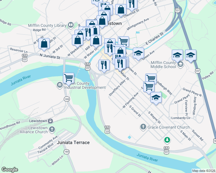 map of restaurants, bars, coffee shops, grocery stores, and more near 98 W Charles St in Lewistown