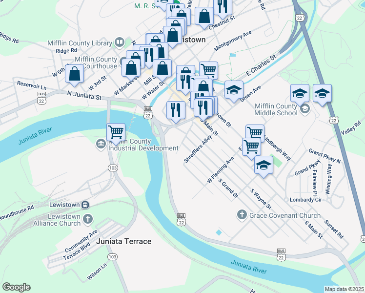 map of restaurants, bars, coffee shops, grocery stores, and more near 302 South Grand Street in Lewistown