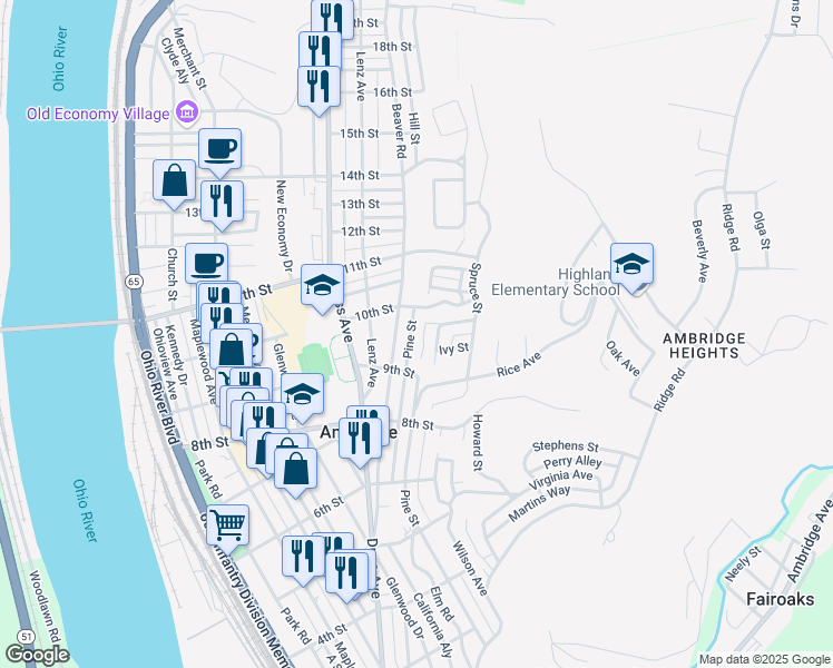 map of restaurants, bars, coffee shops, grocery stores, and more near 921 Pine Street in Ambridge