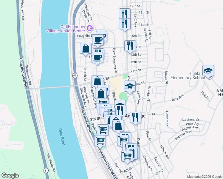 map of restaurants, bars, coffee shops, grocery stores, and more near 934 Melrose Avenue in Ambridge