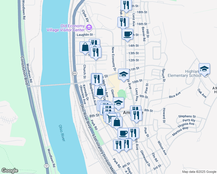 map of restaurants, bars, coffee shops, grocery stores, and more near 934 Melrose Avenue in Ambridge