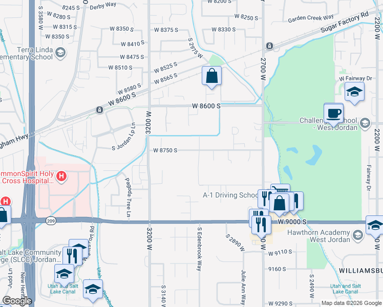 map of restaurants, bars, coffee shops, grocery stores, and more near 3001 West 8750 South in West Jordan