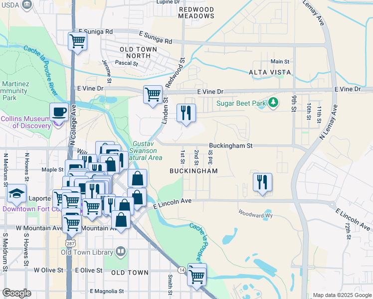 map of restaurants, bars, coffee shops, grocery stores, and more near 220 1st Street in Fort Collins