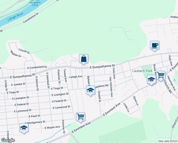 map of restaurants, bars, coffee shops, grocery stores, and more near 1221 Byfield Street in Allentown