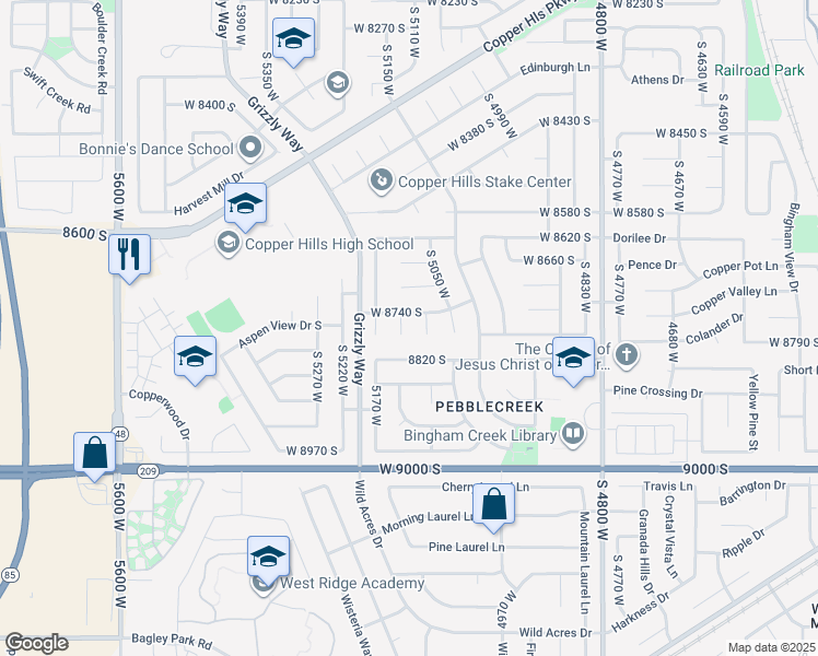 map of restaurants, bars, coffee shops, grocery stores, and more near 8769 South 5130 West in West Jordan