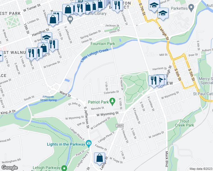 map of restaurants, bars, coffee shops, grocery stores, and more near South 11th Street in Allentown