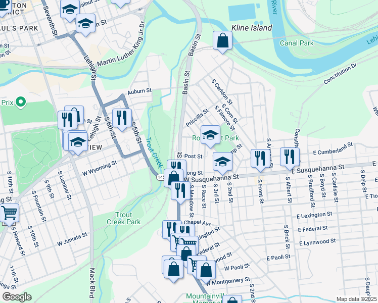 map of restaurants, bars, coffee shops, grocery stores, and more near 1010 South Meadow Street in Allentown