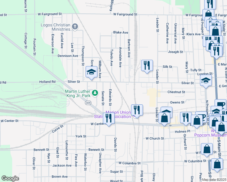 map of restaurants, bars, coffee shops, grocery stores, and more near 254 Edwards Street in Marion