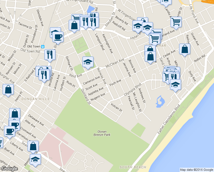 map of restaurants, bars, coffee shops, grocery stores, and more near Norway Ave & Appleby Ave in Staten Island