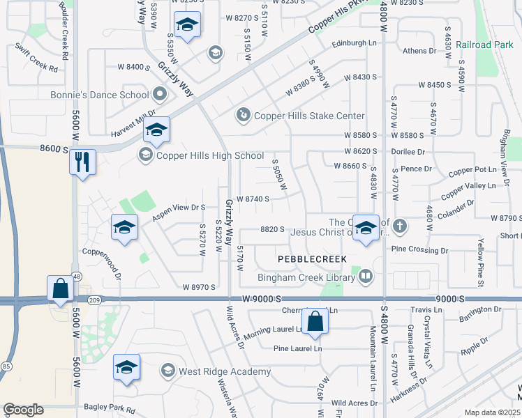map of restaurants, bars, coffee shops, grocery stores, and more near 8769 South 5130 West in West Jordan