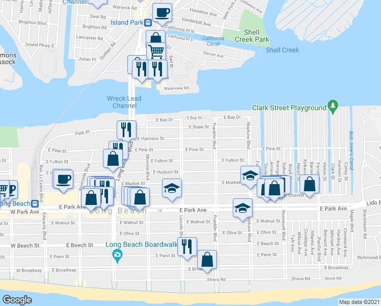 map of restaurants, bars, coffee shops, grocery stores, and more near 418 East Pine Street in Long Beach