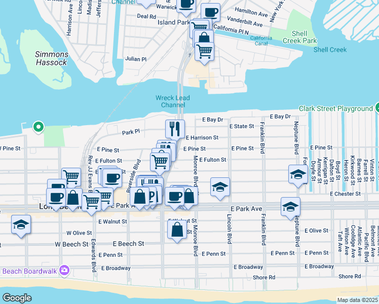 map of restaurants, bars, coffee shops, grocery stores, and more near 240 East Fulton Street in Long Beach