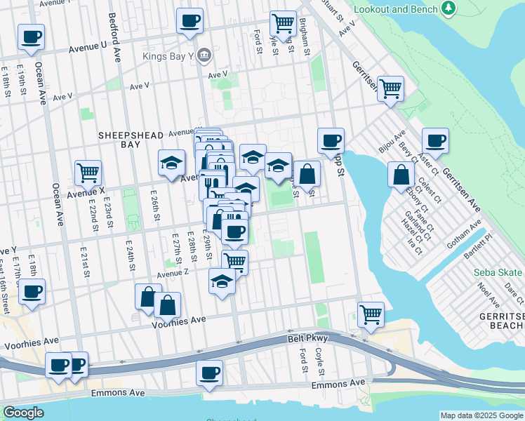 map of restaurants, bars, coffee shops, grocery stores, and more near 2482 Batchelder Street in Brooklyn