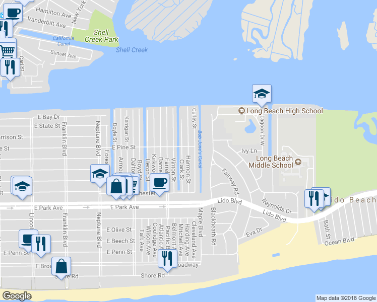 map of restaurants, bars, coffee shops, grocery stores, and more near 51 Harmon Street in Long Beach