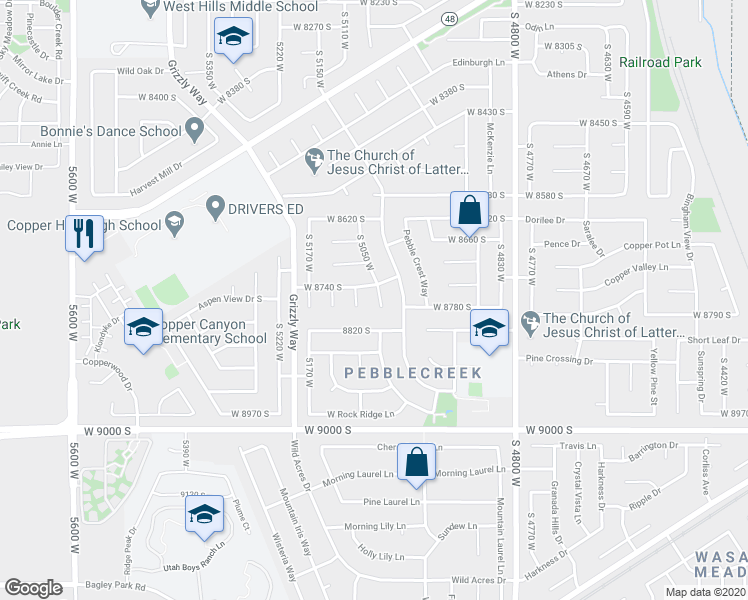 map of restaurants, bars, coffee shops, grocery stores, and more near 8764 Pebblecreek Road in West Jordan