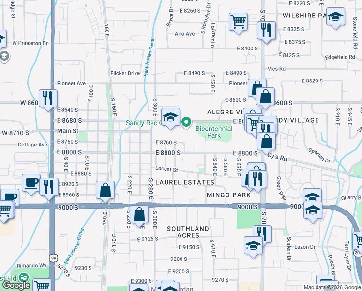 map of restaurants, bars, coffee shops, grocery stores, and more near 412 East 8760 South in Sandy