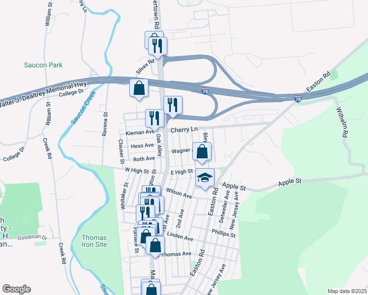 map of restaurants, bars, coffee shops, grocery stores, and more near 1607 Burkhardt Street in Hellertown