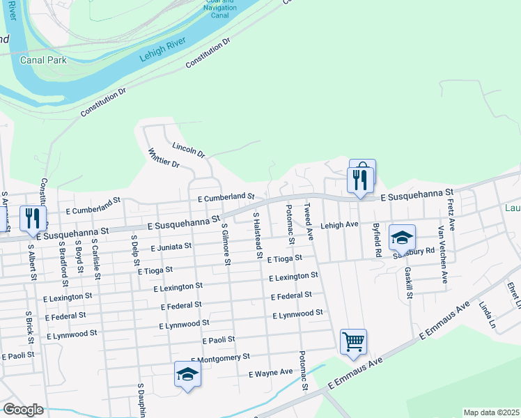 map of restaurants, bars, coffee shops, grocery stores, and more near 810 East Susquehanna Street in Allentown