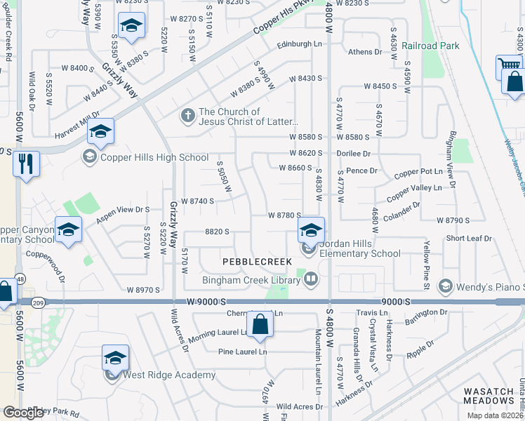 map of restaurants, bars, coffee shops, grocery stores, and more near 8766 Pebble Crest Way in West Jordan