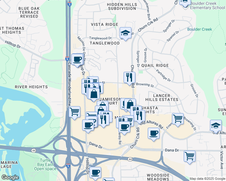 map of restaurants, bars, coffee shops, grocery stores, and more near 895 Browning Street in Redding
