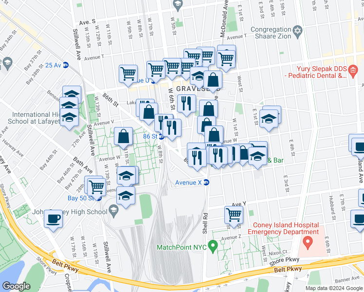map of restaurants, bars, coffee shops, grocery stores, and more near 181 Avenue W in Brooklyn