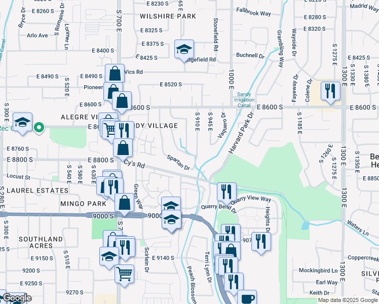 map of restaurants, bars, coffee shops, grocery stores, and more near 887 East Chariot Drive in Sandy