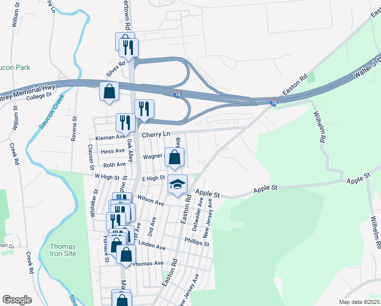 map of restaurants, bars, coffee shops, grocery stores, and more near 1603 Zimpfer Lane in Hellertown