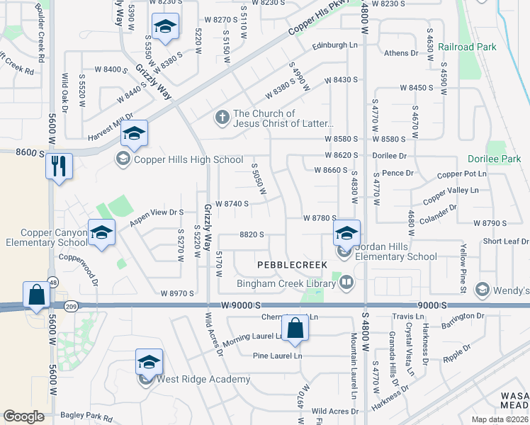 map of restaurants, bars, coffee shops, grocery stores, and more near 8764 Pebblecreek Road in West Jordan