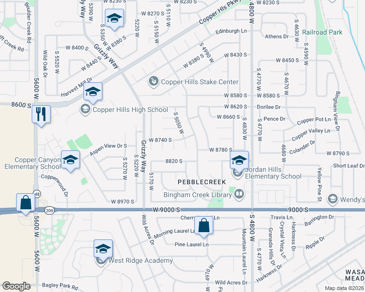 map of restaurants, bars, coffee shops, grocery stores, and more near 5038 West 8820 South in West Jordan