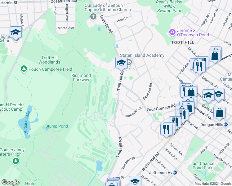 map of restaurants, bars, coffee shops, grocery stores, and more near 788 Todt Hill Road in Staten Island