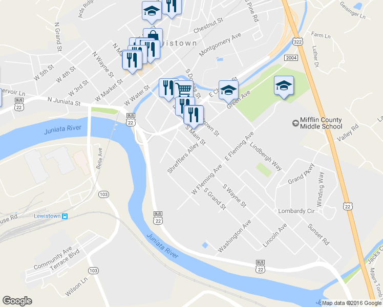 map of restaurants, bars, coffee shops, grocery stores, and more near 404 South Wayne Street in Lewistown
