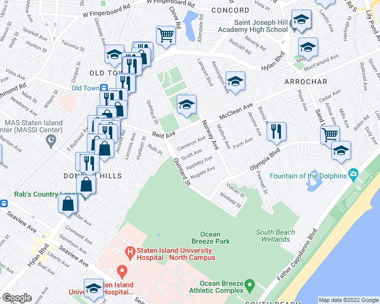 map of restaurants, bars, coffee shops, grocery stores, and more near 77 Appleby Avenue in Staten Island