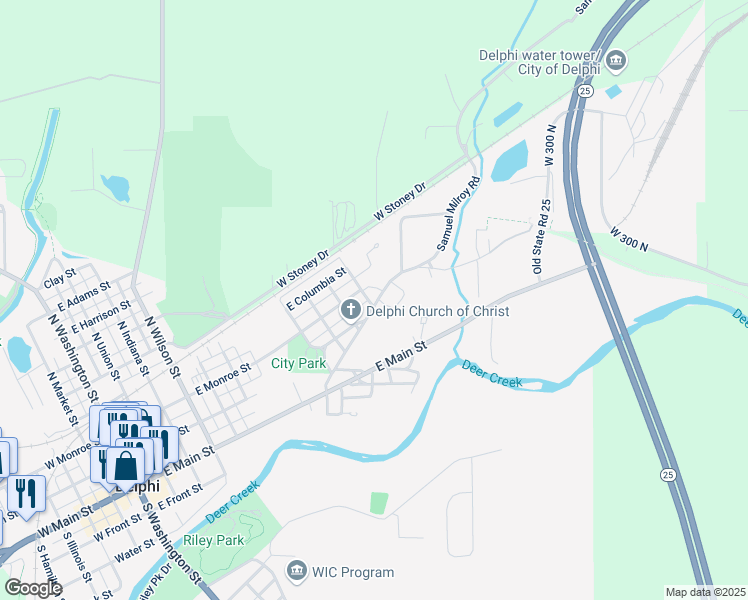 map of restaurants, bars, coffee shops, grocery stores, and more near 1040-1098 East Main Street in Delphi