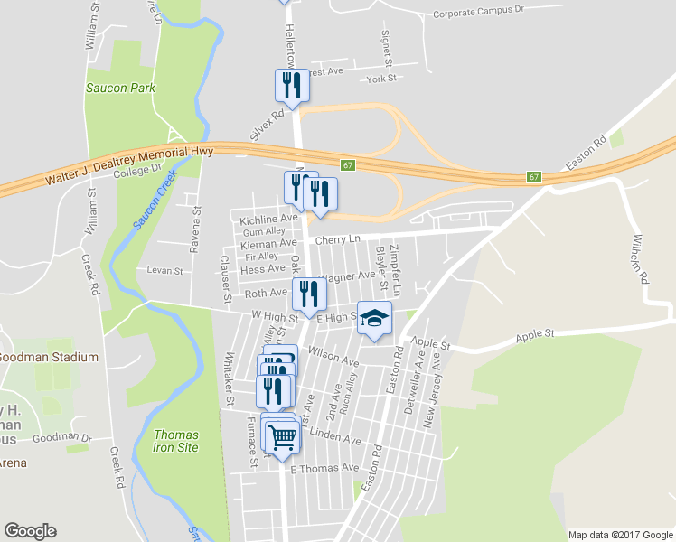map of restaurants, bars, coffee shops, grocery stores, and more near 1607 Burkhardt Street in Hellertown