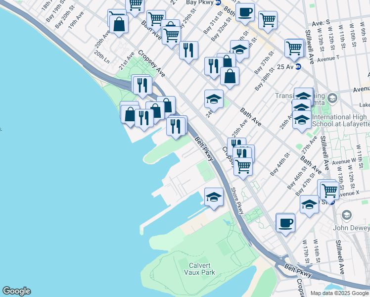 map of restaurants, bars, coffee shops, grocery stores, and more near 1800 Shore Parkway in Brooklyn