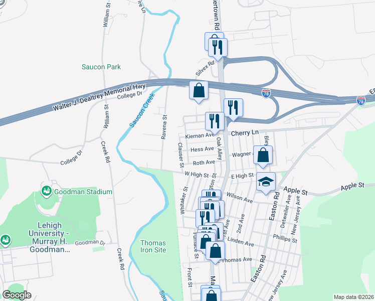 map of restaurants, bars, coffee shops, grocery stores, and more near 1598 Hoffert Alley in Hellertown