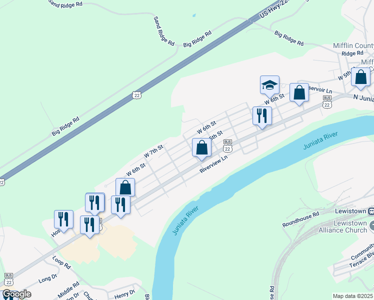 map of restaurants, bars, coffee shops, grocery stores, and more near 905 West 5th Street in Lewistown