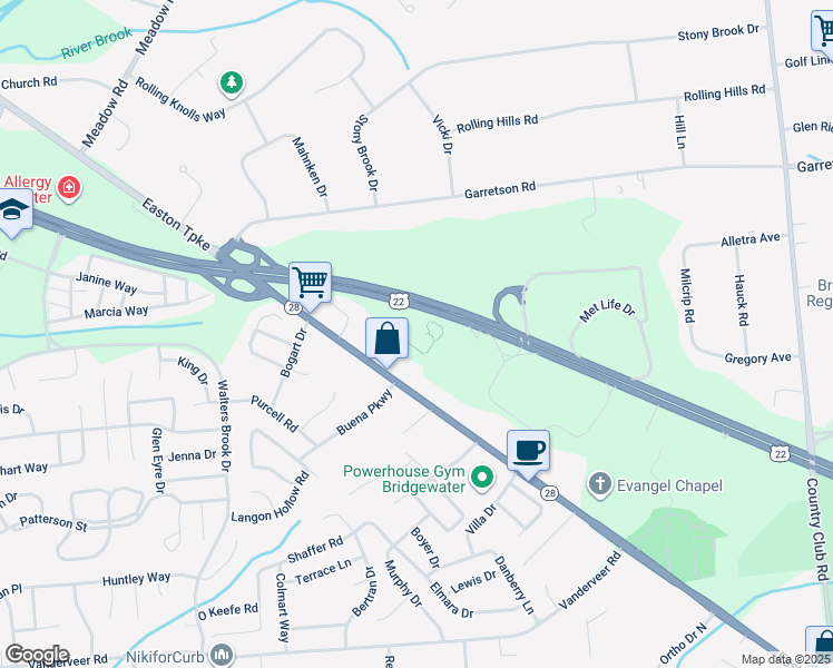 map of restaurants, bars, coffee shops, grocery stores, and more near 390 U.S. 22 in Bridgewater