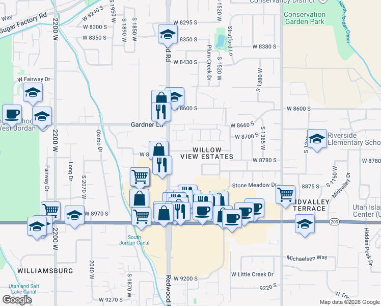 map of restaurants, bars, coffee shops, grocery stores, and more near 1625 West 8740 South in West Jordan
