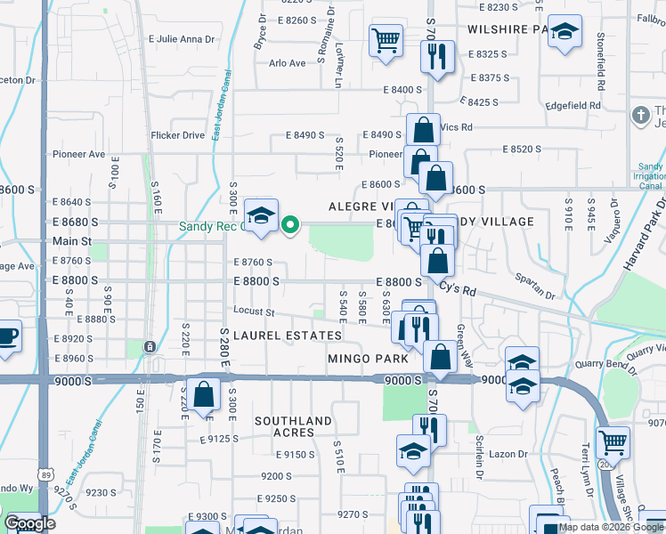map of restaurants, bars, coffee shops, grocery stores, and more near 8775 South 500 East in Sandy