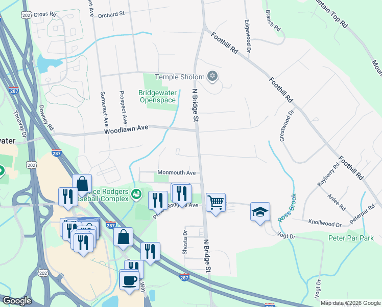 map of restaurants, bars, coffee shops, grocery stores, and more near 5 Hudson Street in Bridgewater Township