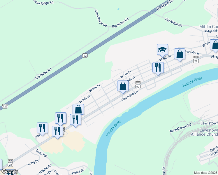 map of restaurants, bars, coffee shops, grocery stores, and more near 916 West 6th Street in Lewistown