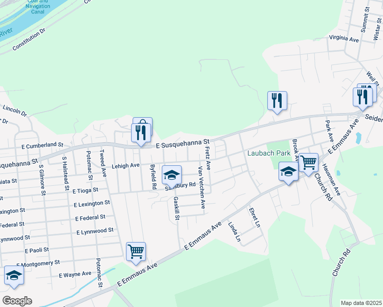 map of restaurants, bars, coffee shops, grocery stores, and more near 1324 Lehigh Avenue in Allentown