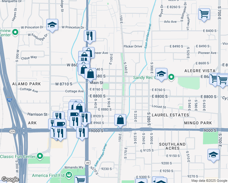 map of restaurants, bars, coffee shops, grocery stores, and more near 8772 South 120 East in Sandy