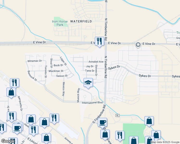 map of restaurants, bars, coffee shops, grocery stores, and more near 401 North Timberline Road in Fort Collins