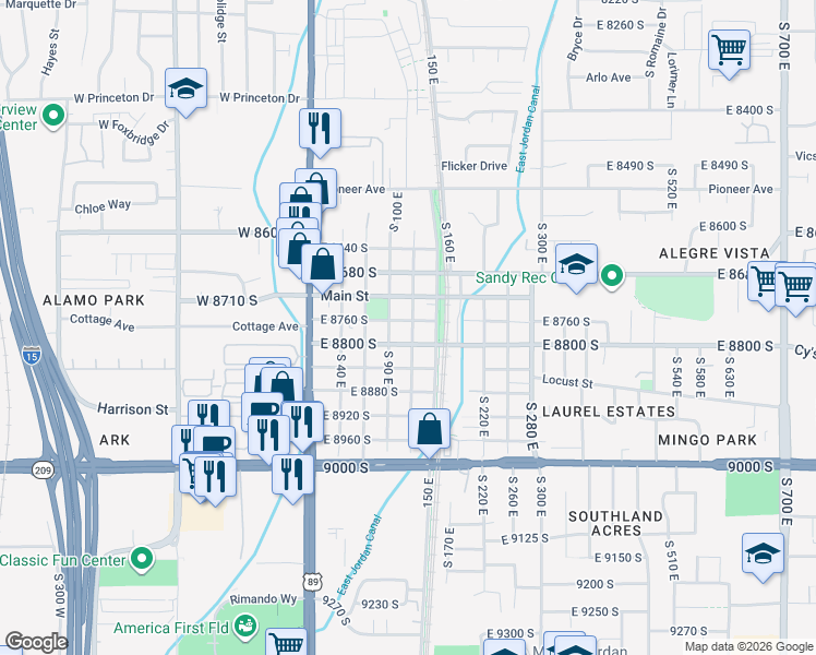 map of restaurants, bars, coffee shops, grocery stores, and more near 130 East 8800 South in Sandy