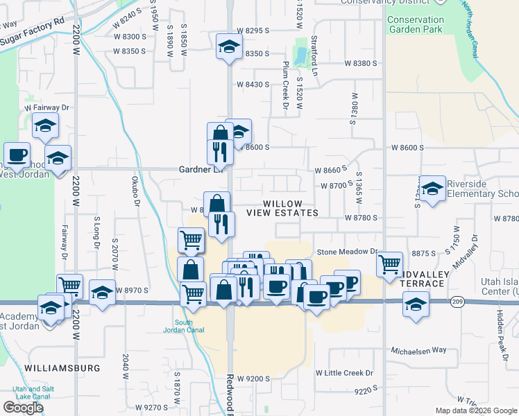 map of restaurants, bars, coffee shops, grocery stores, and more near 8779 South Redwood Road in West Jordan