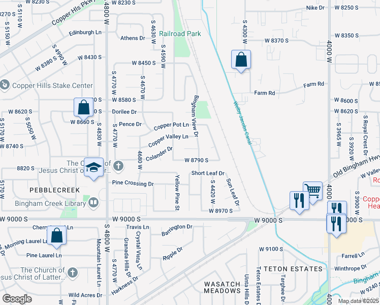 map of restaurants, bars, coffee shops, grocery stores, and more near 8799 Bingham View Drive in West Jordan