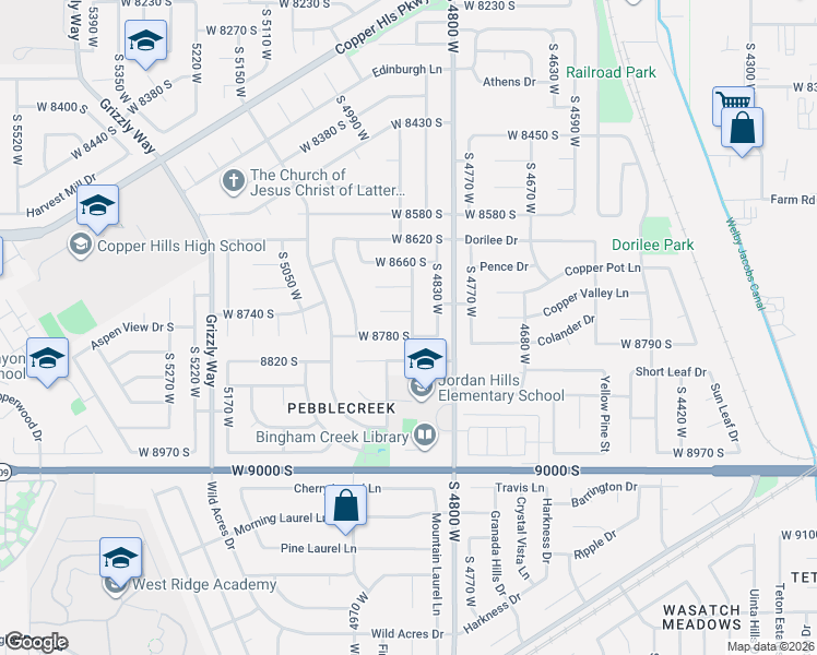 map of restaurants, bars, coffee shops, grocery stores, and more near 4856 West 8820 South in West Jordan