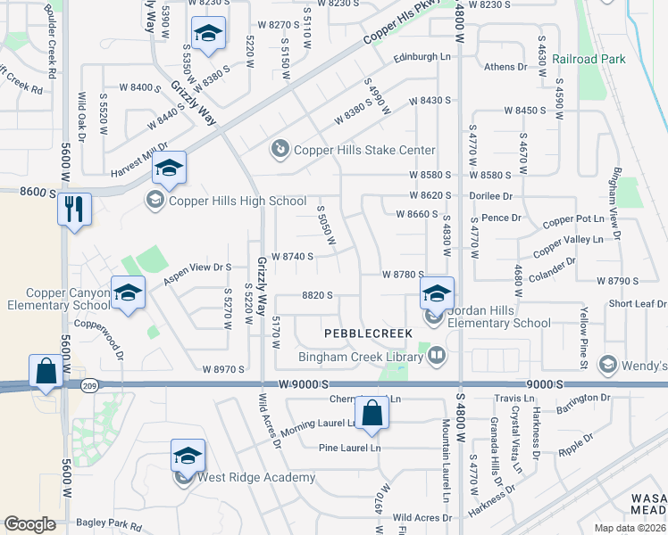 map of restaurants, bars, coffee shops, grocery stores, and more near 5038 West 8820 South in West Jordan